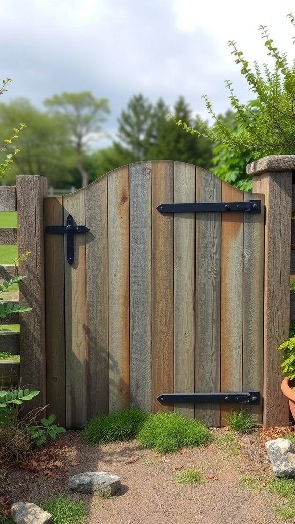 A charming farmhouse gate made from reclaimed wood, featuring a curved top and black hardware.
