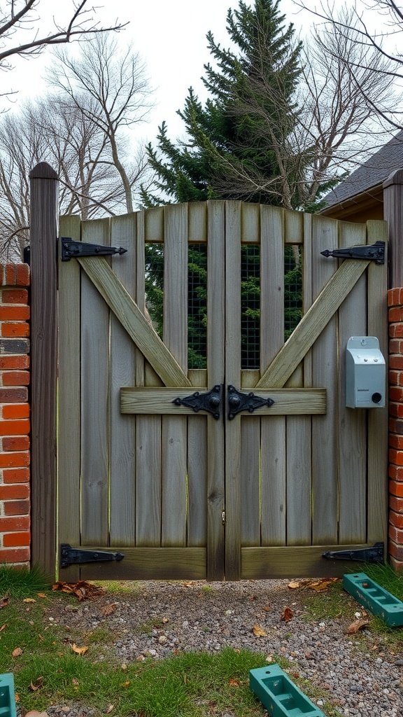 Wooden farmhouse gate with vintage hardware and brick pillars.