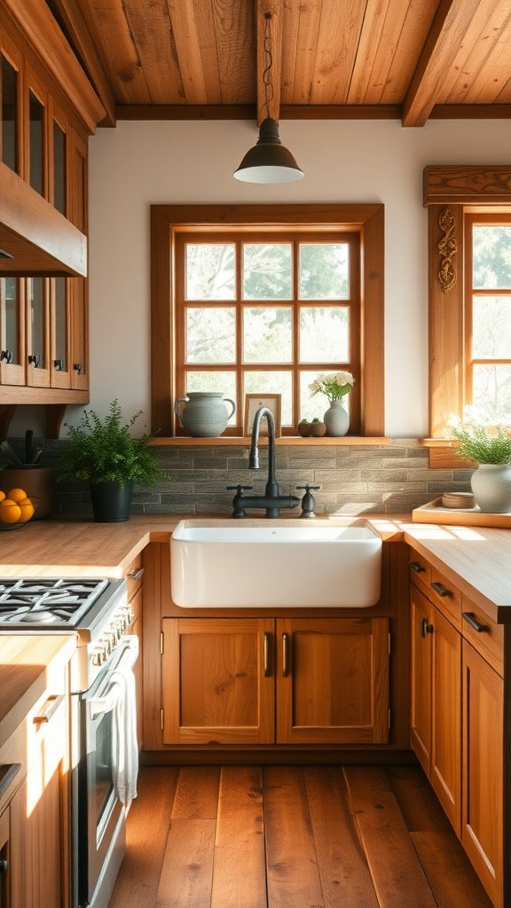 A cozy kitchen featuring a farmhouse sink, wooden cabinets, and natural light.
