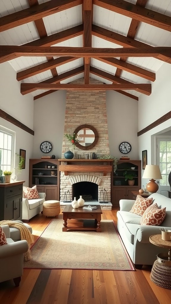 Living room featuring rustic farmhouse style ceiling beams with a cozy layout
