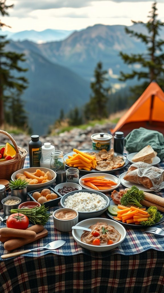 A beautifully arranged camping kitchen setup with various dishes, fresh ingredients, and a scenic mountain backdrop.