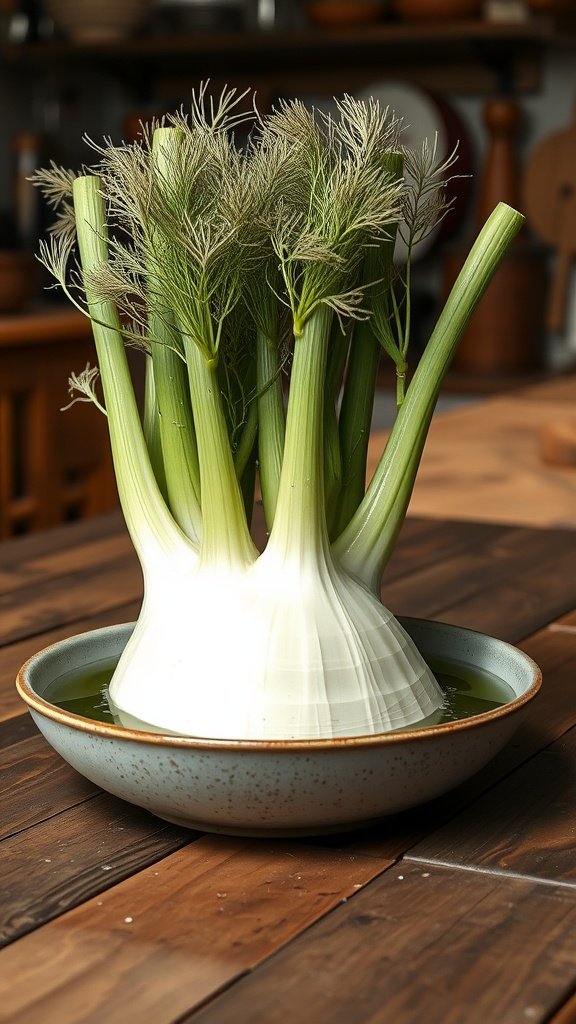 A bulb of fennel growing in water on a wooden table.
