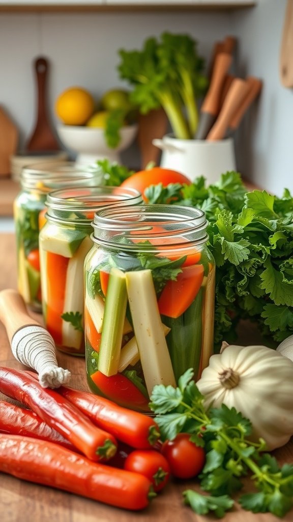 Jars of colorful fermented vegetables surrounded by fresh herbs and tomatoes.