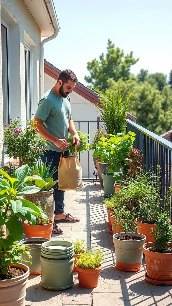 A person tending to plants on a balcony with various pots.