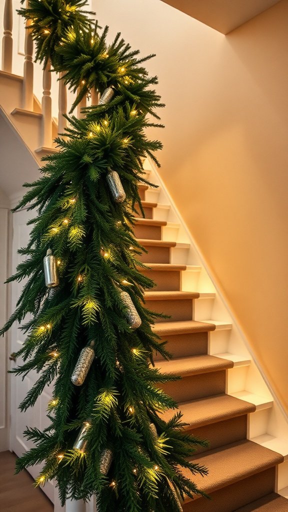 A beautifully decorated staircase with a green garland adorned with silver accents and warm lights.
