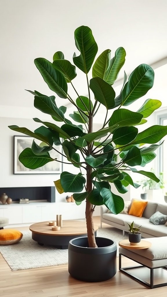 A large Fiddle Leaf Fig plant in a modern living room setting