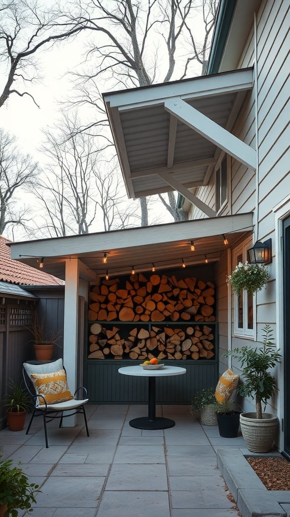 A cozy patio with a roof extension, featuring neatly stacked firewood and a small table and chairs.