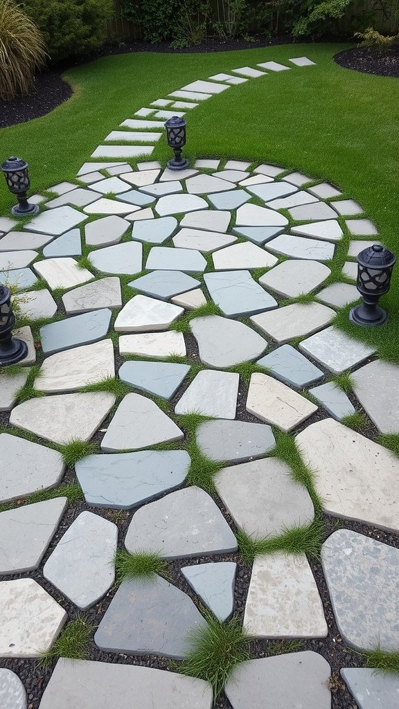 A flagstone patio with grass and lanterns.