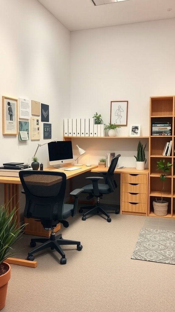 A stylish small home office with a desk, chairs, and plants.