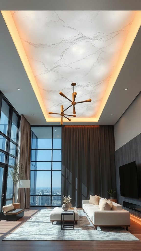 A spacious room with a unique floating ceiling design featuring light fixtures and large windows.