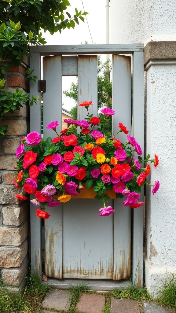A rustic wooden gate with a vibrant flower box filled with pink, orange, and red flowers.