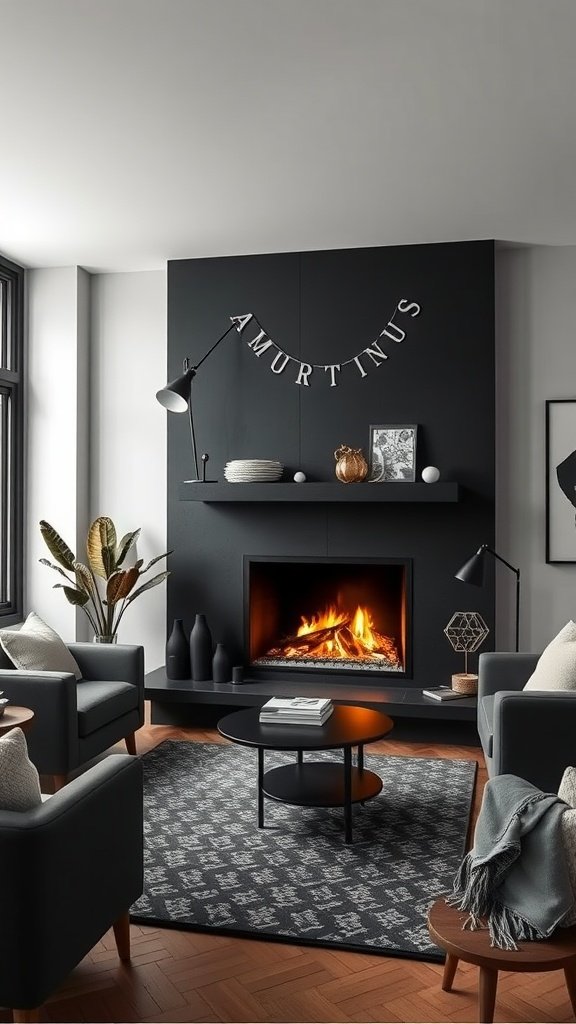 A cozy living room featuring a black fireplace, stylish furniture, and a warm atmosphere.