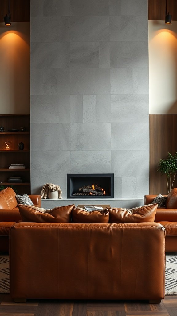 A cozy living room featuring a brown leather couch and a modern fireplace.