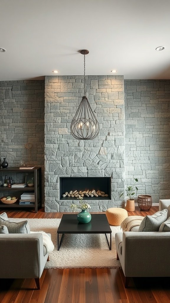 A minimalist traditional living room featuring an olive couch, textured stone wall, and cozy decor.