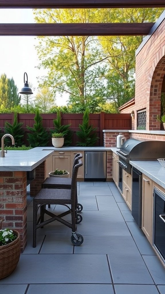 Outdoor kitchen with accessible features, including spacious layout and easy-to-reach counters.