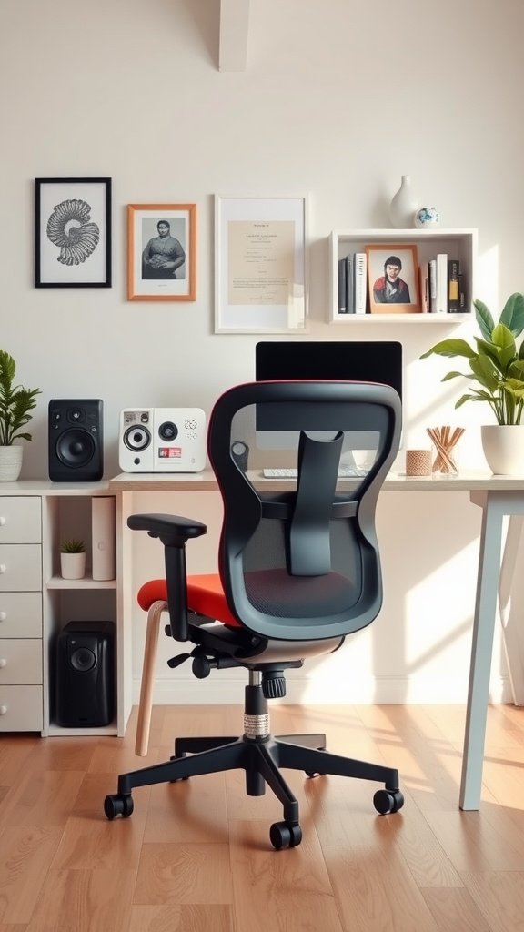 A stylish ergonomic office chair in a feminine home office setup with decorative wall art and greenery.