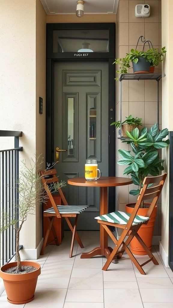 Small garden patio with foldable furniture and plants