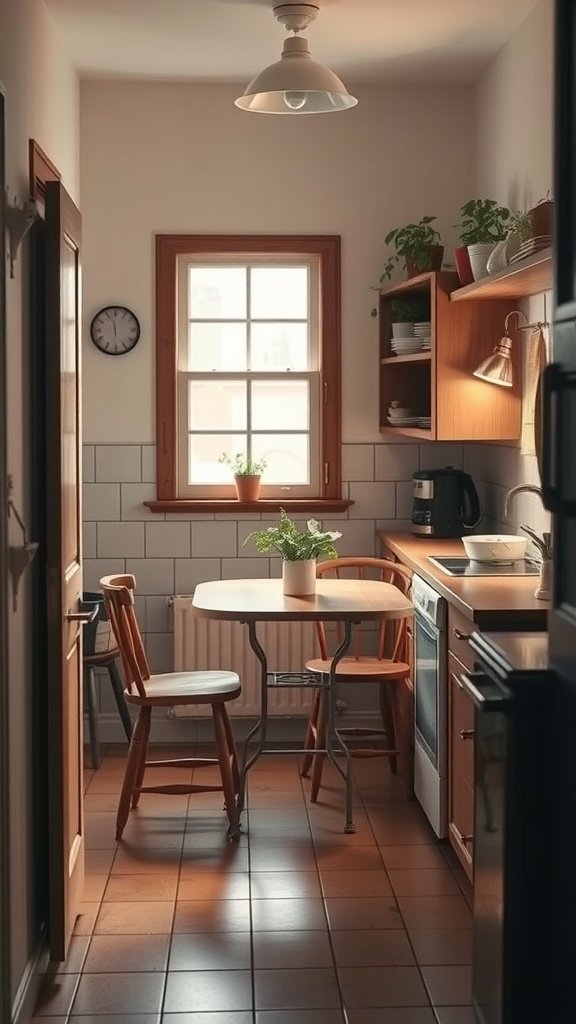 A small kitchen featuring a foldable table and two chairs, enhancing space efficiency.