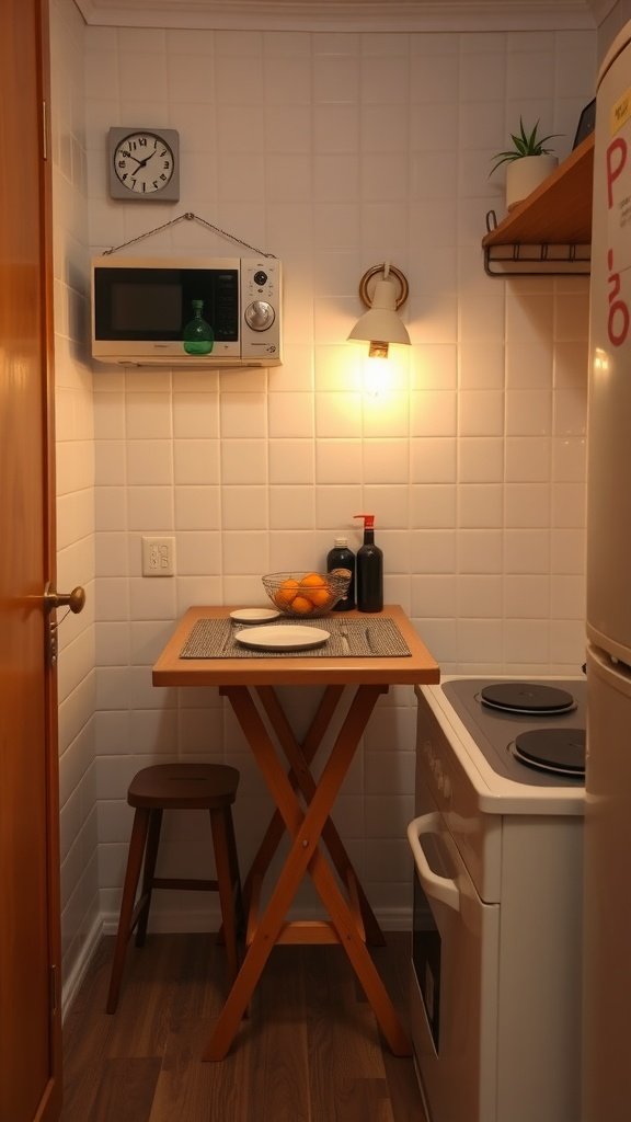 A small kitchen with a foldable table set for dining, showcasing a cozy and functional design.
