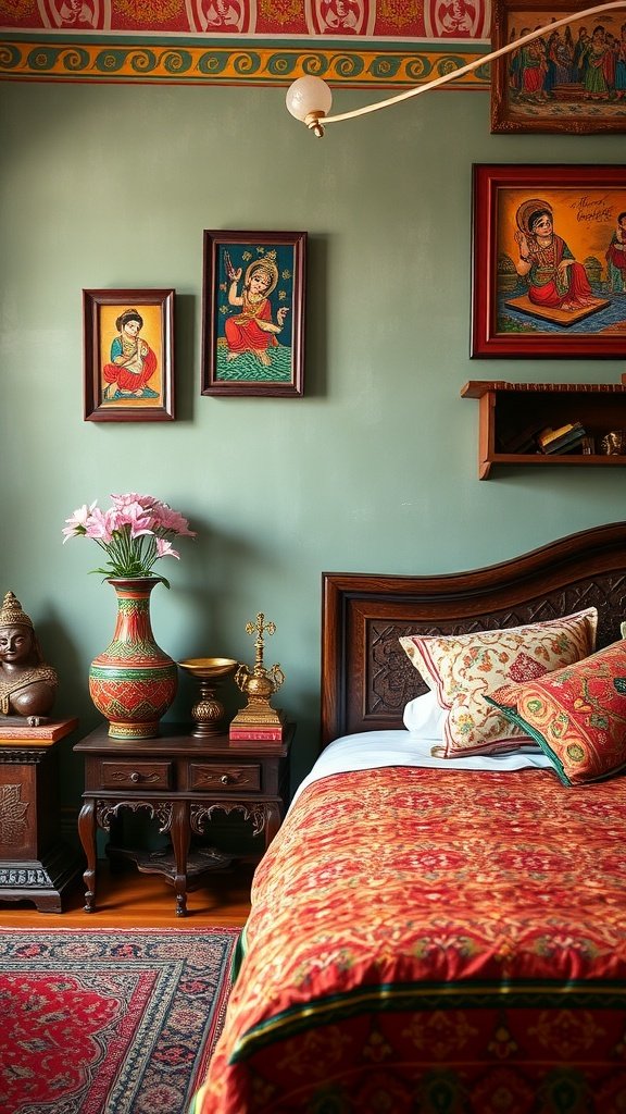 A cozy Indian bedroom featuring vibrant folk art, intricate textiles, and decorative accents.