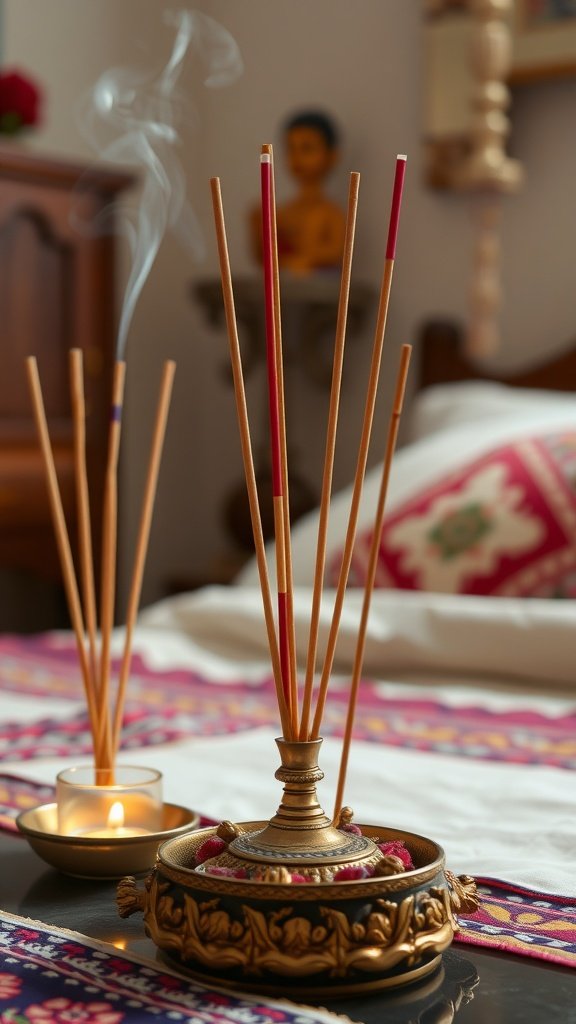 A decorative incense holder with incense sticks, set against a cozy bedroom backdrop.