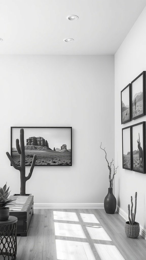 Stylish western-themed bedroom decor with framed black-and-white photography.