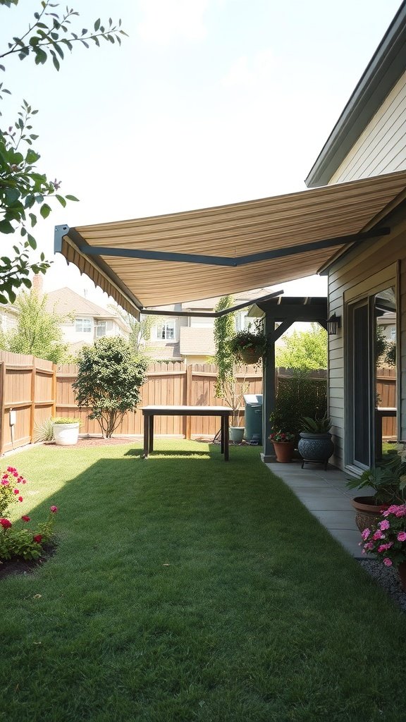 A beautiful freestanding awning provides shade over a patio area in a well-maintained backyard.