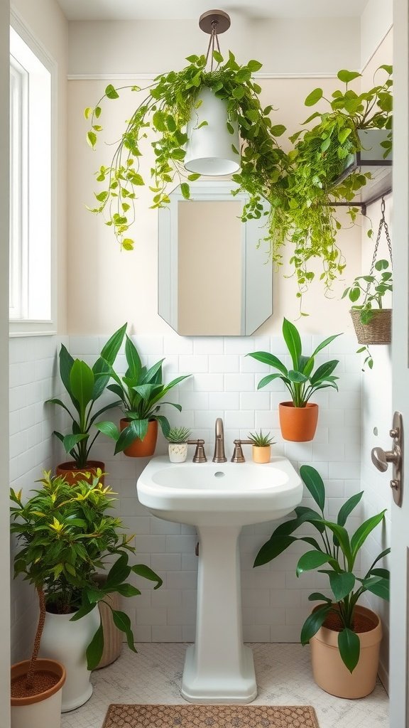 A beautifully decorated half bathroom featuring various indoor plants, creating a fresh and vibrant atmosphere.