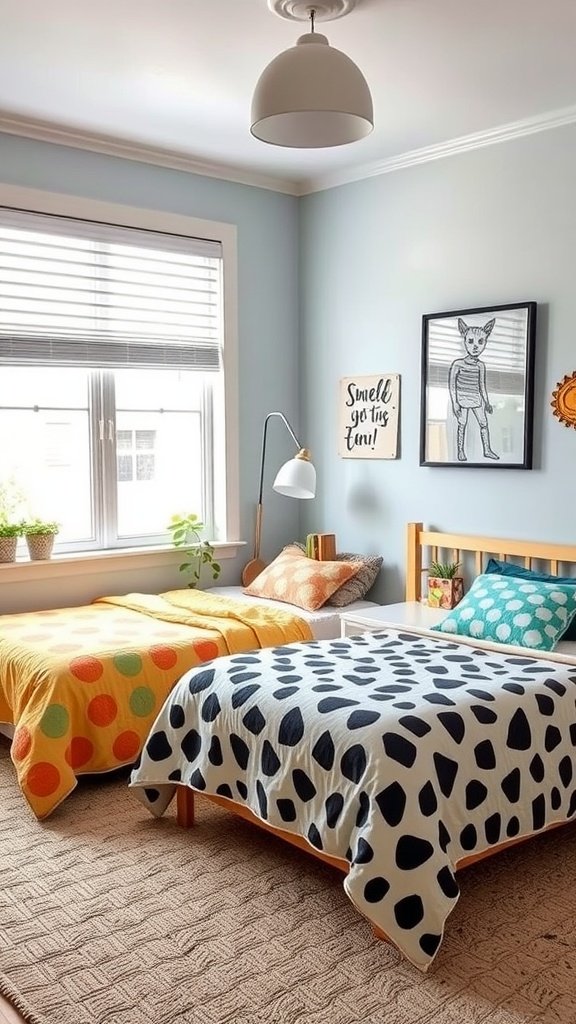 A cozy bedroom with two beds, featuring colorful bedding and playful decor.