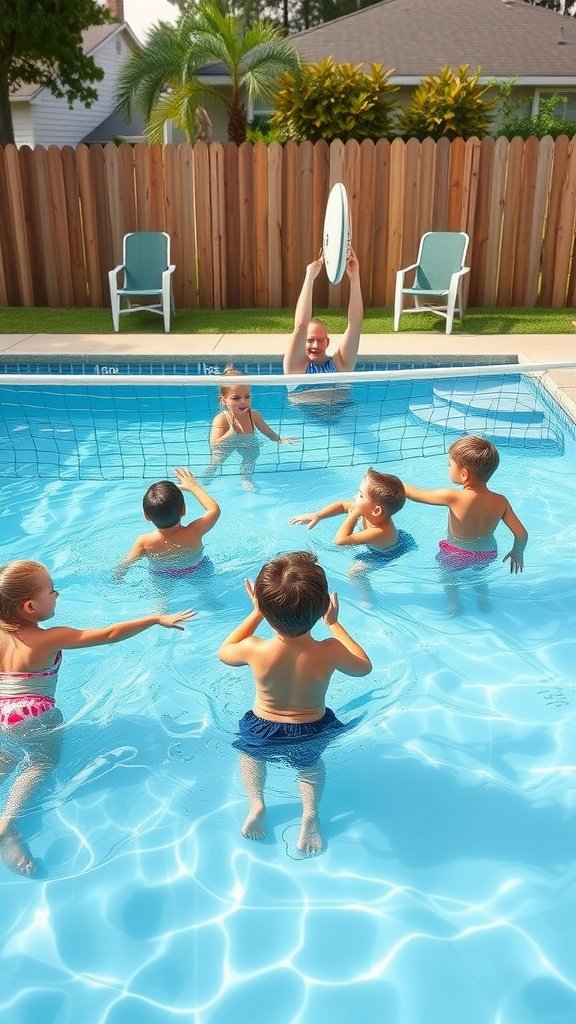 A group of children playing games in a backyard swimming pool with an adult supervising.