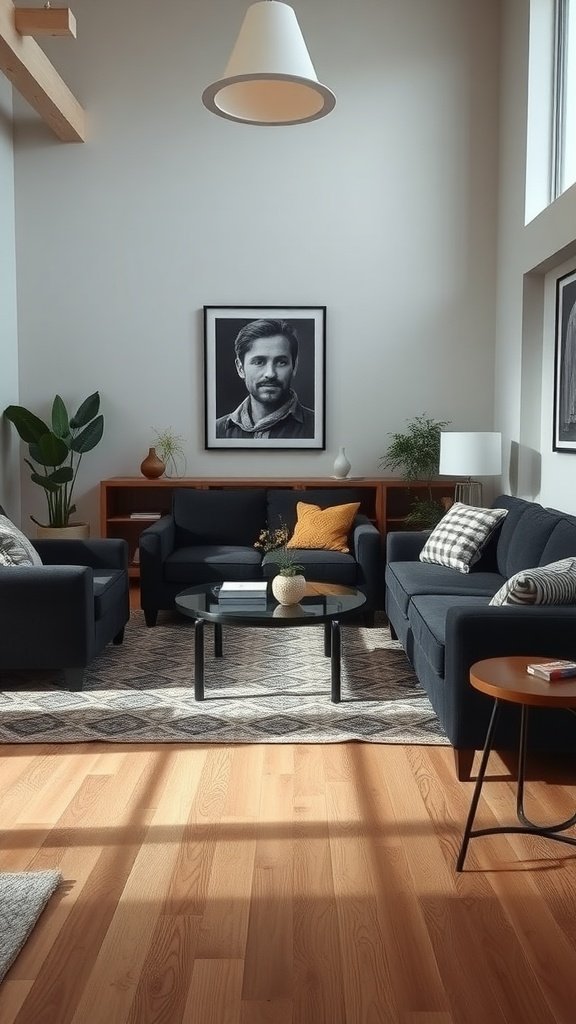 A stylish living room with dark furniture, a round coffee table, and a large wall art piece.