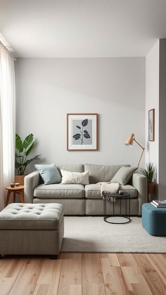 A cosy living room with a grey sofa, plants, and functional furniture.