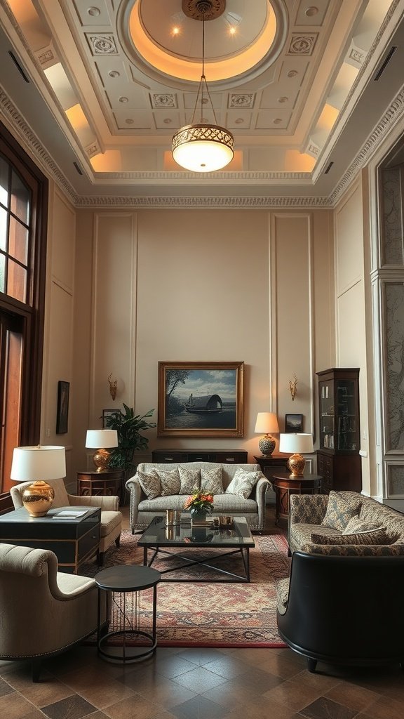 Elegant living room with high ceilings, featuring stylish furniture and large windows.