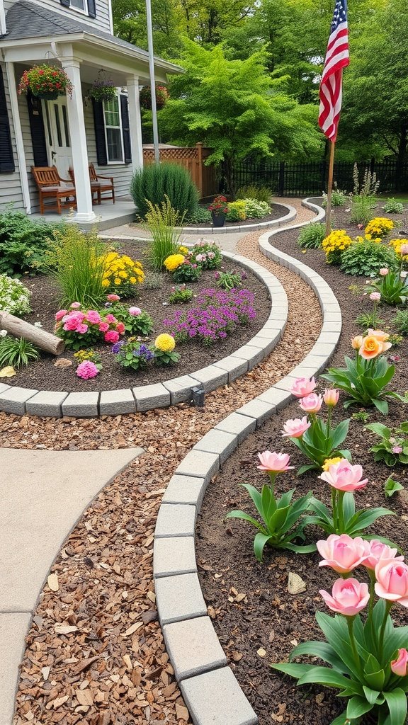 Colorful flowers and a winding stone pathway in a modern front yard.