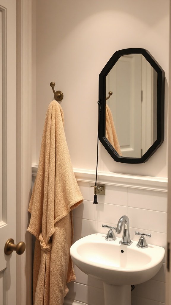 A small bathroom with a towel hook and a mirror above a sink.