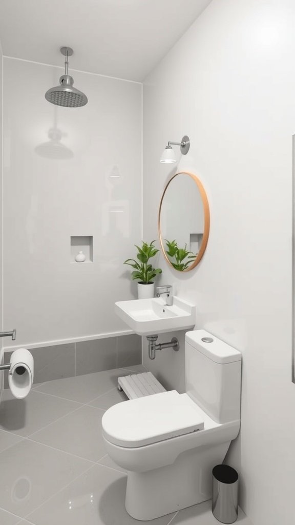 A modern half bathroom featuring a sleek sink, mirror, and plants.