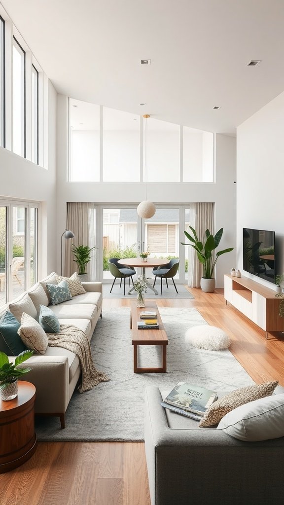 A spacious living room featuring a green sofa, light decor, and large windows.