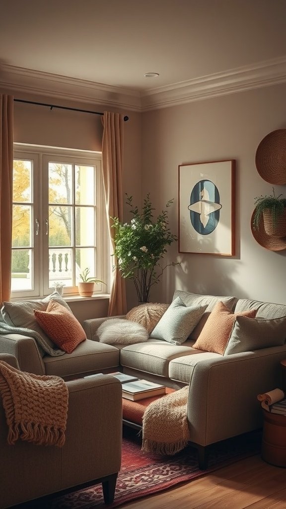 Cozy living room with olive couch and soft pillows, featuring a functional nook for relaxation.