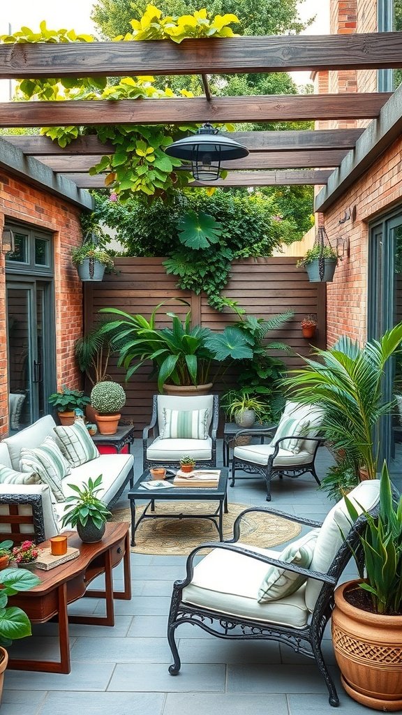 A beautifully designed patio with comfortable seating and tropical plants.