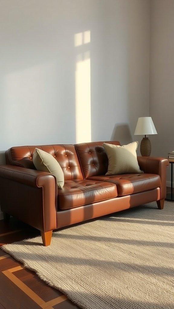 Brown leather couch in a living room with a textured rug and a side table.