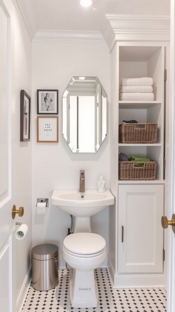 A small half bathroom with a toilet, sink, and stylish storage shelves.