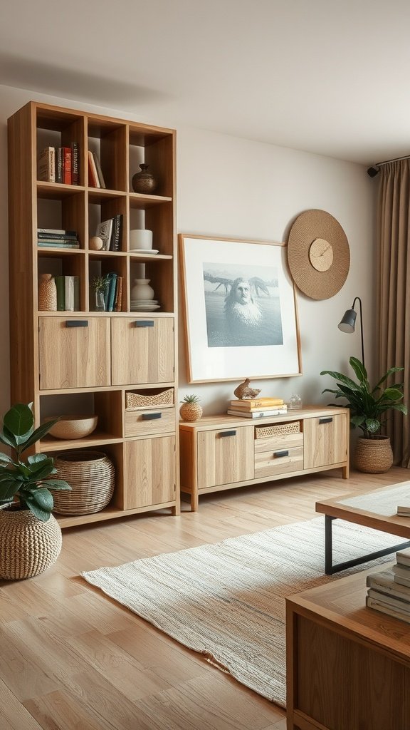 A stylish earthy living room with wooden storage solutions, plants, and cozy decor.
