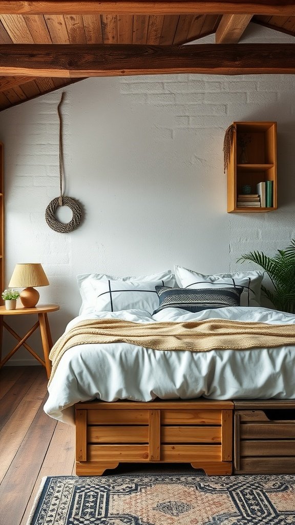 A cozy rustic bedroom with wooden furniture and storage solutions.