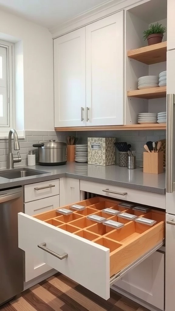 Organized kitchen drawer with spice containers and wooden dividers.