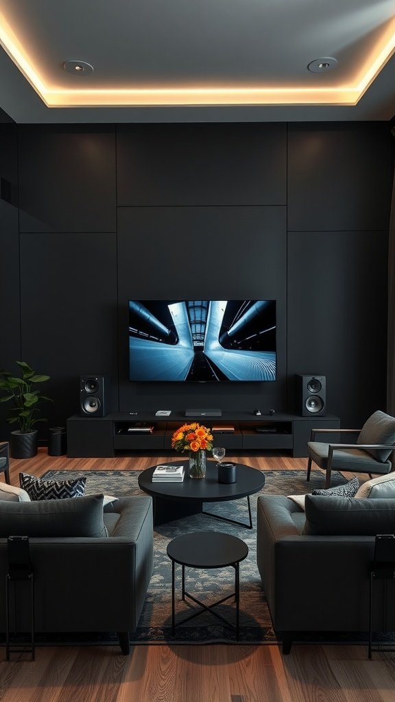 Modern living room with dark decor and integrated technology