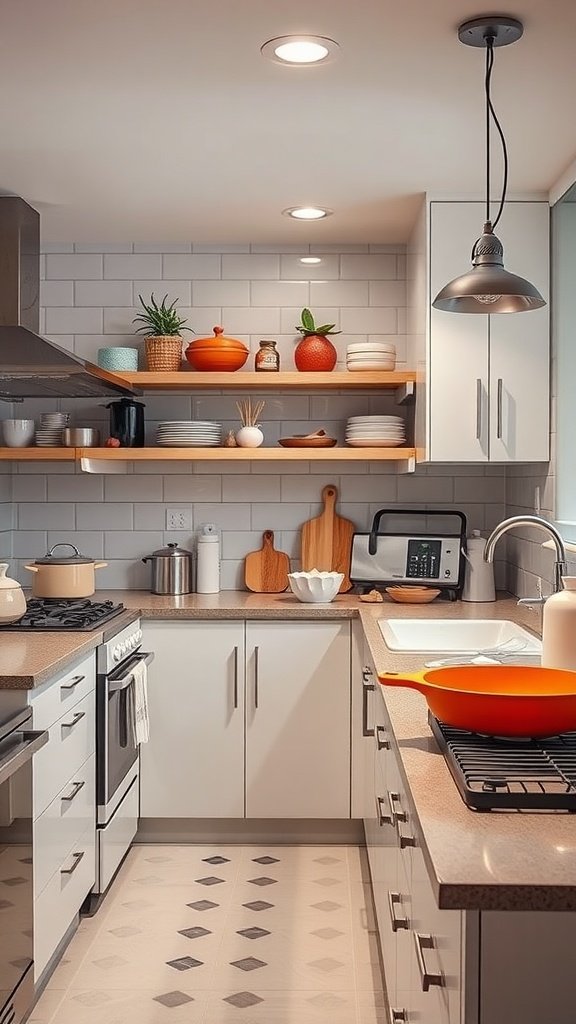 A modern kitchen interior featuring organized shelves, cooking area, and stylish appliances.