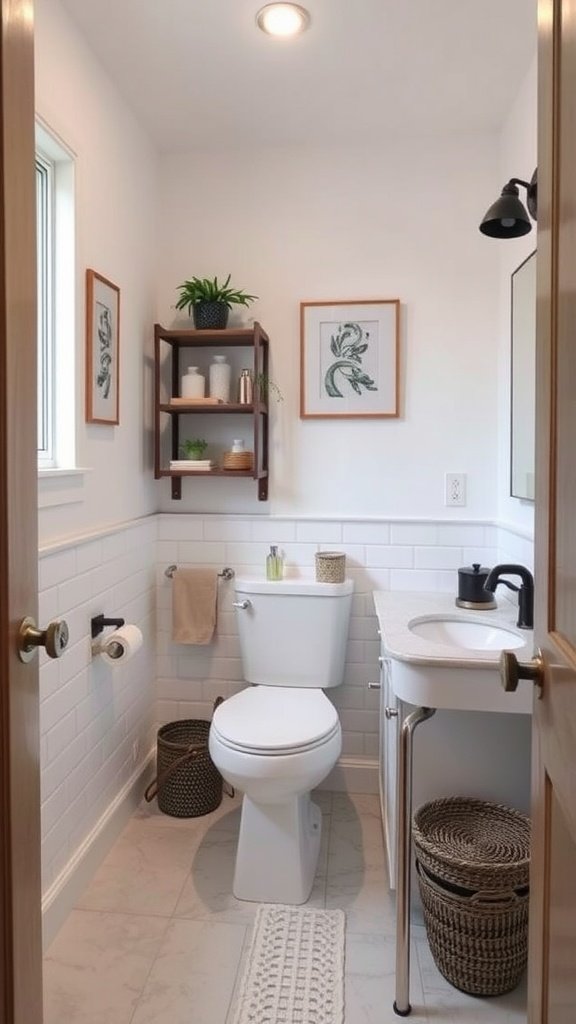 A stylish half bathroom featuring a white color scheme with decorative plants and wall art.