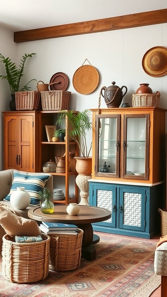 A colorful boho living room featuring stylish storage solutions like woven baskets and colorful cabinets.