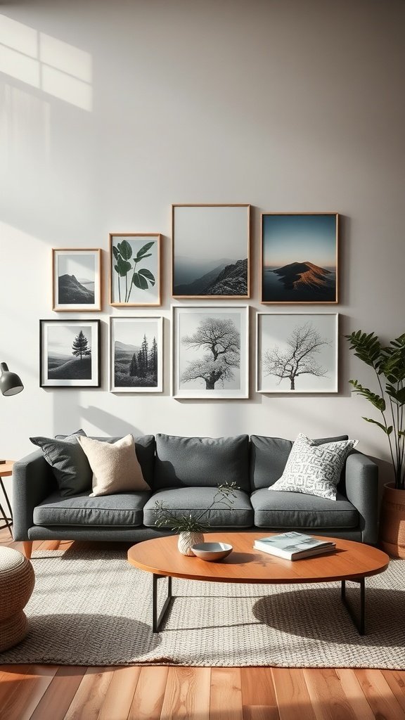 Gallery wall featuring nature-themed prints in a cozy living room with an olive couch.
