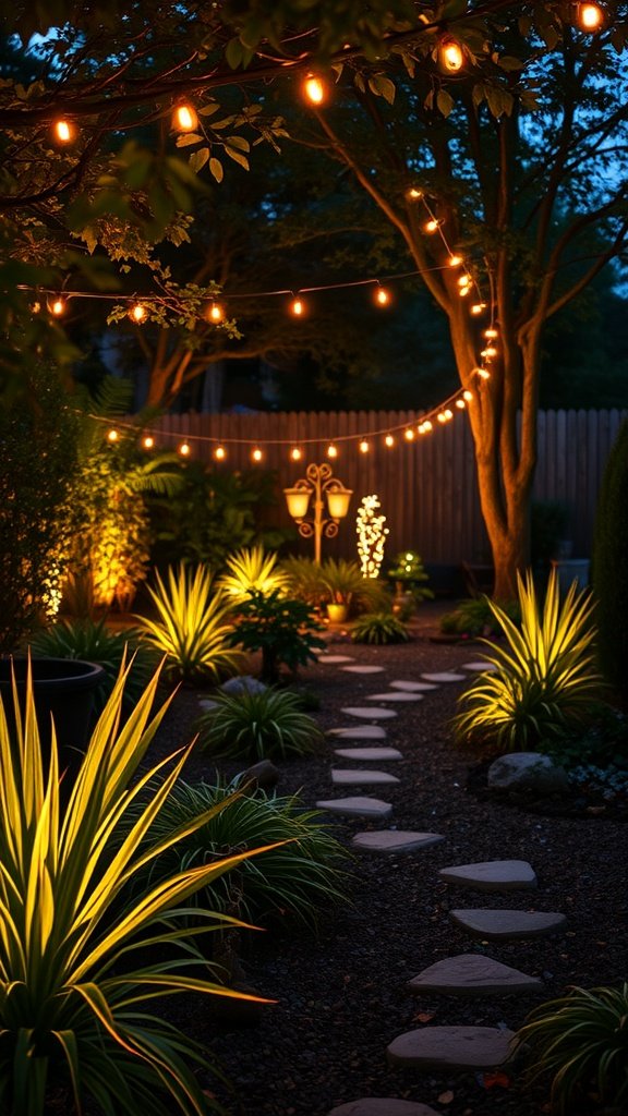 A beautifully lit garden path with string lights and glowing plants.